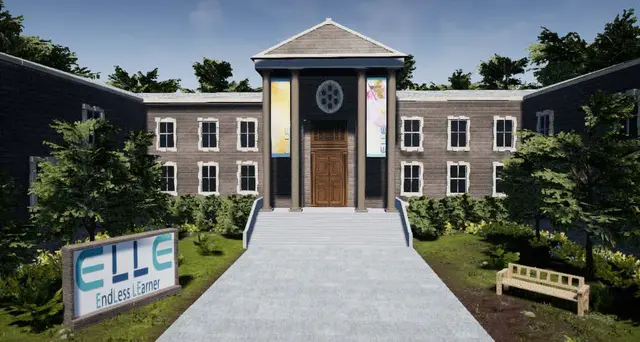 A brick building with a central columned entrance and multiple windows. A sign reads "ELLE: EndLess LEarner" near trees and a bench, conveying a scholarly atmosphere.