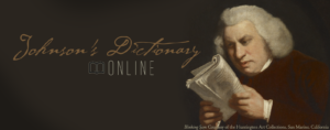 Illustration of Samuel Johnson seated beside stacked books and writing materials from an eighteenth-century dictionary title image.