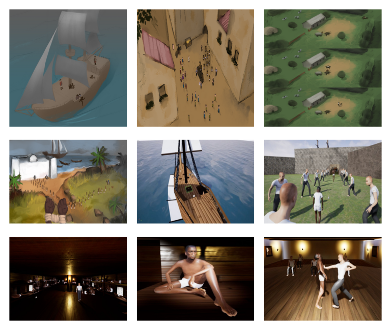A collage of nine illustrations and screenshots of virtual environments, depicting scenes of colonial life and the slave trade.