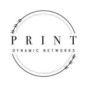 A circular logo features the words "PRINT Dynamic Networks" in black, surrounded by dotted lines and decorative arrows on a white background.