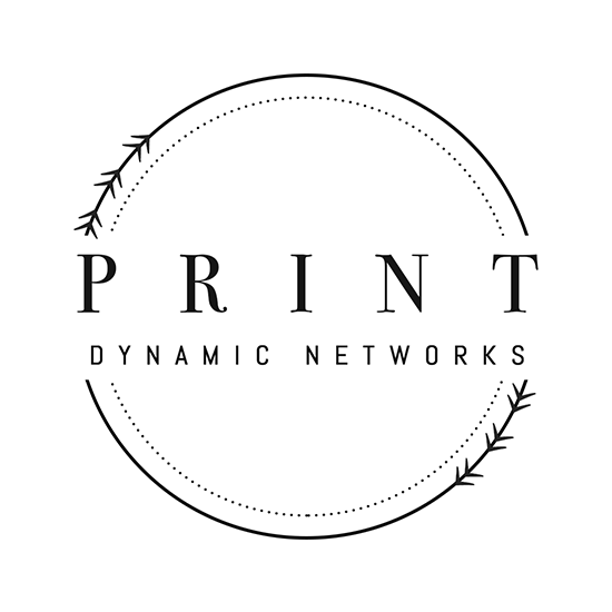 A circular logo features the words "PRINT Dynamic Networks" in black, surrounded by dotted lines and decorative arrows on a white background.