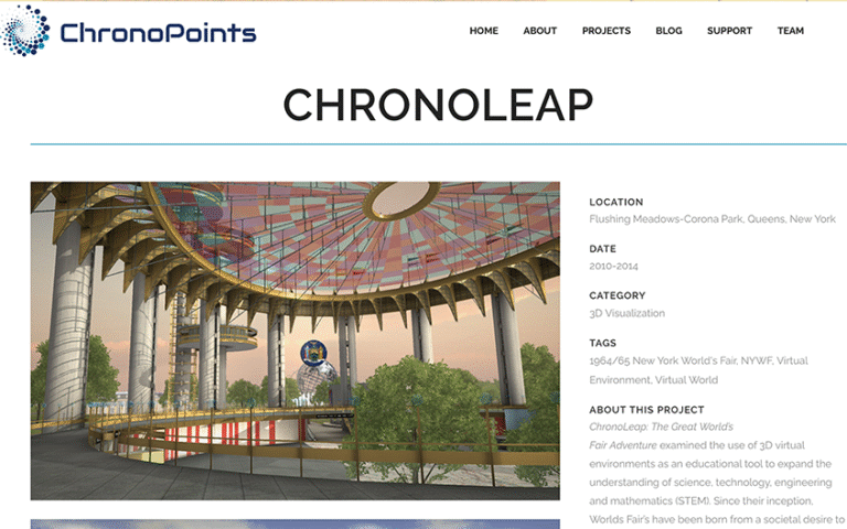 The homepage of the ChronoLeap project, featuring a 3D visualization of a pavilion with circular roof and futuristic design elements.