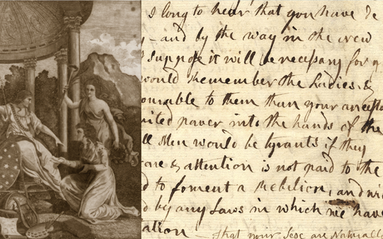 Sepia illustration of women in classical attire beside a column on the left, coupled with handwritten cursive text on aged paper on the right.