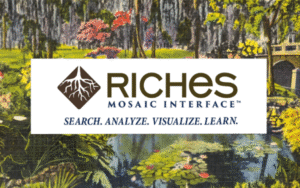 Logo for the RICHES Mosaic Interface over a colorful landscape illustration with the tagline “Search. Analyze. Visualize. Learn.”