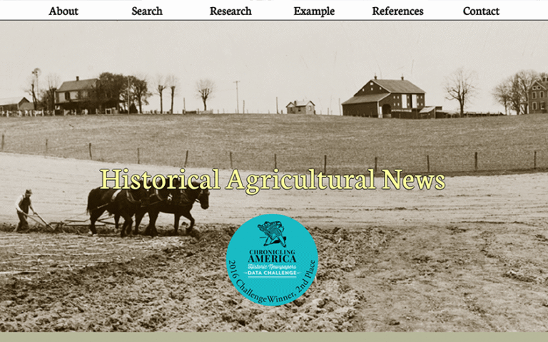 Sepia-toned image of a farmer plowing a field with horses, set against a rural backdrop of houses and leafless trees. Text reads "Historical Agricultural News."